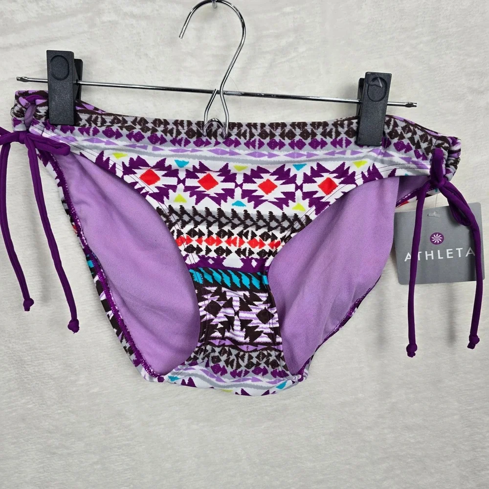 NWT Athleta Purple Geometric Tribal Print Side Tie Bikini Bottom Swim Size M